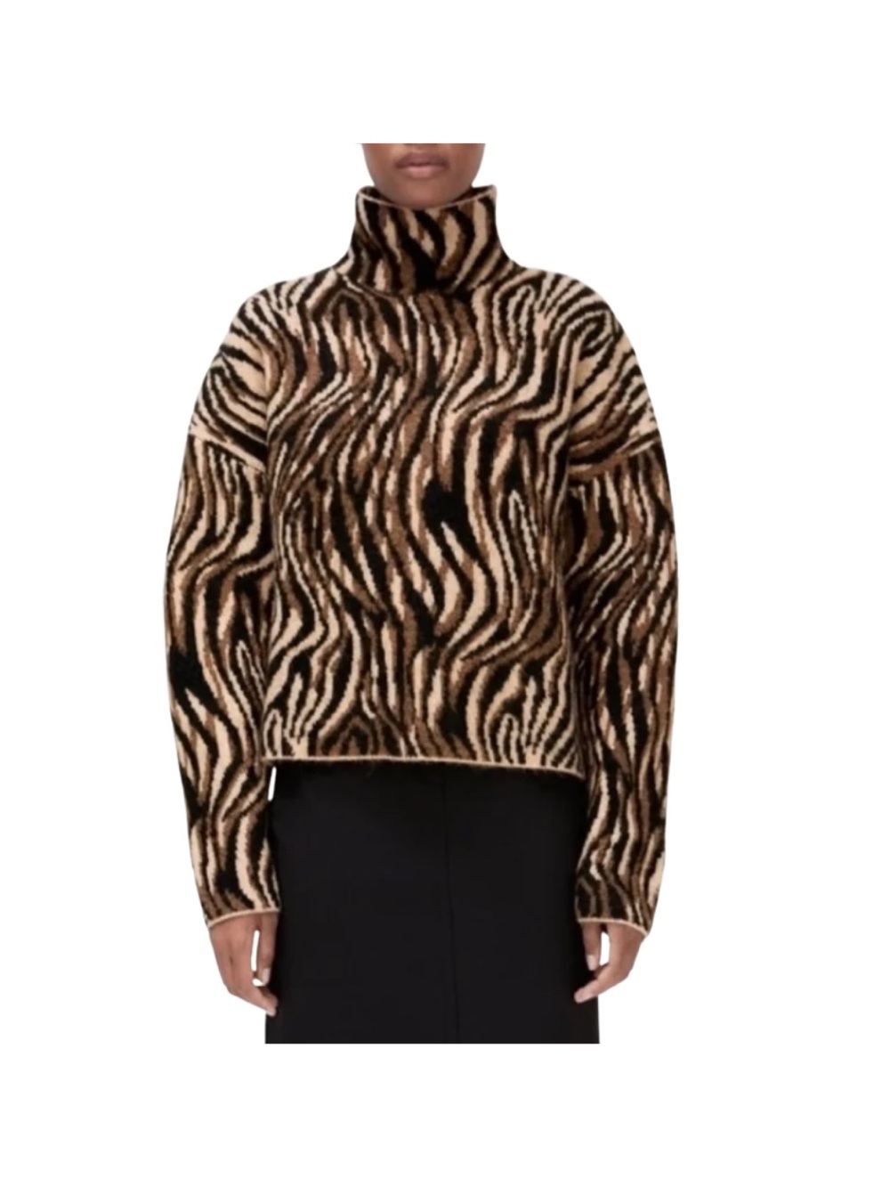 Zara Zebra Animal Print Turtleneck Knit Sweater Tan Black Chunky Oversized Fall